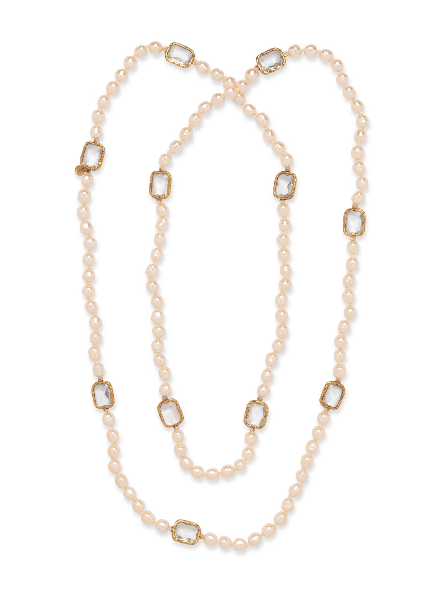 Chanel Vintage Crystal Chicklet & Baroque Pearl Sautoir Necklace, 1981