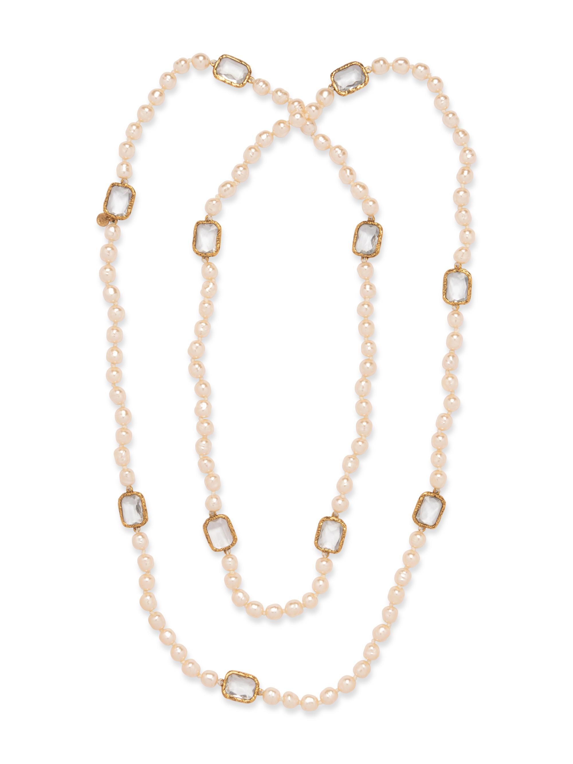 Chanel Vintage Crystal Chicklet & Baroque Pearl Sautoir Necklace, 1981