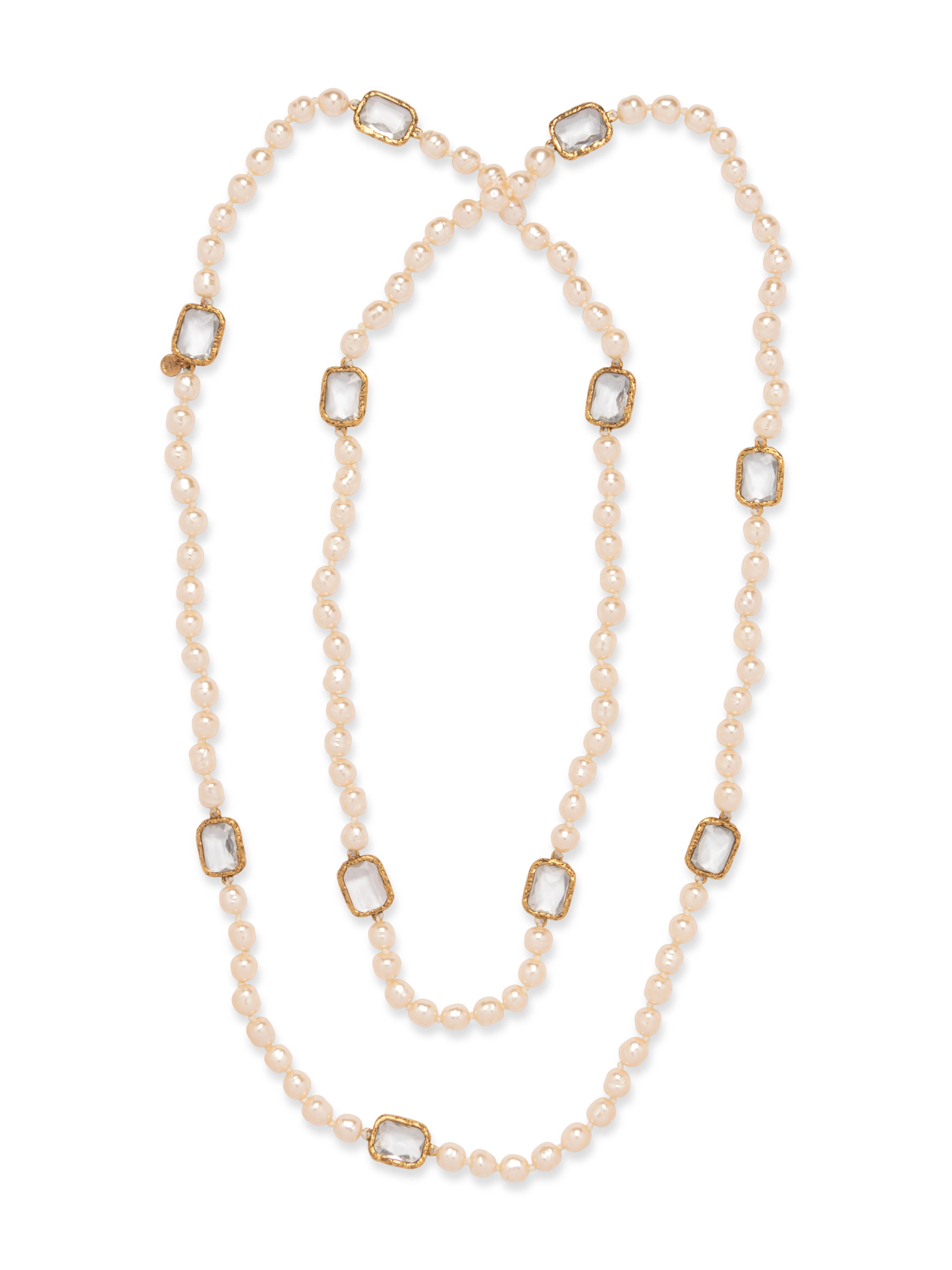 Chanel Vintage Crystal Chicklet & Baroque Pearl Sautoir Necklace, 1981