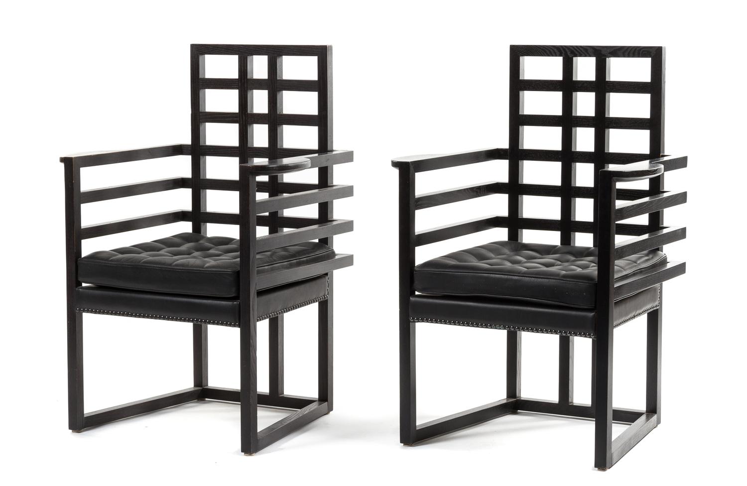 A Matched Pair of Josef Hoffmann for Wittmann Ebonized Wood Arm Chairs Height 38 x width 26 x depth 20 inches.