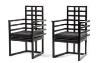 A Matched Pair of Josef Hoffmann for Wittmann Ebonized Wood Arm Chairs Height 38 x width 26 x depth 20 inches.