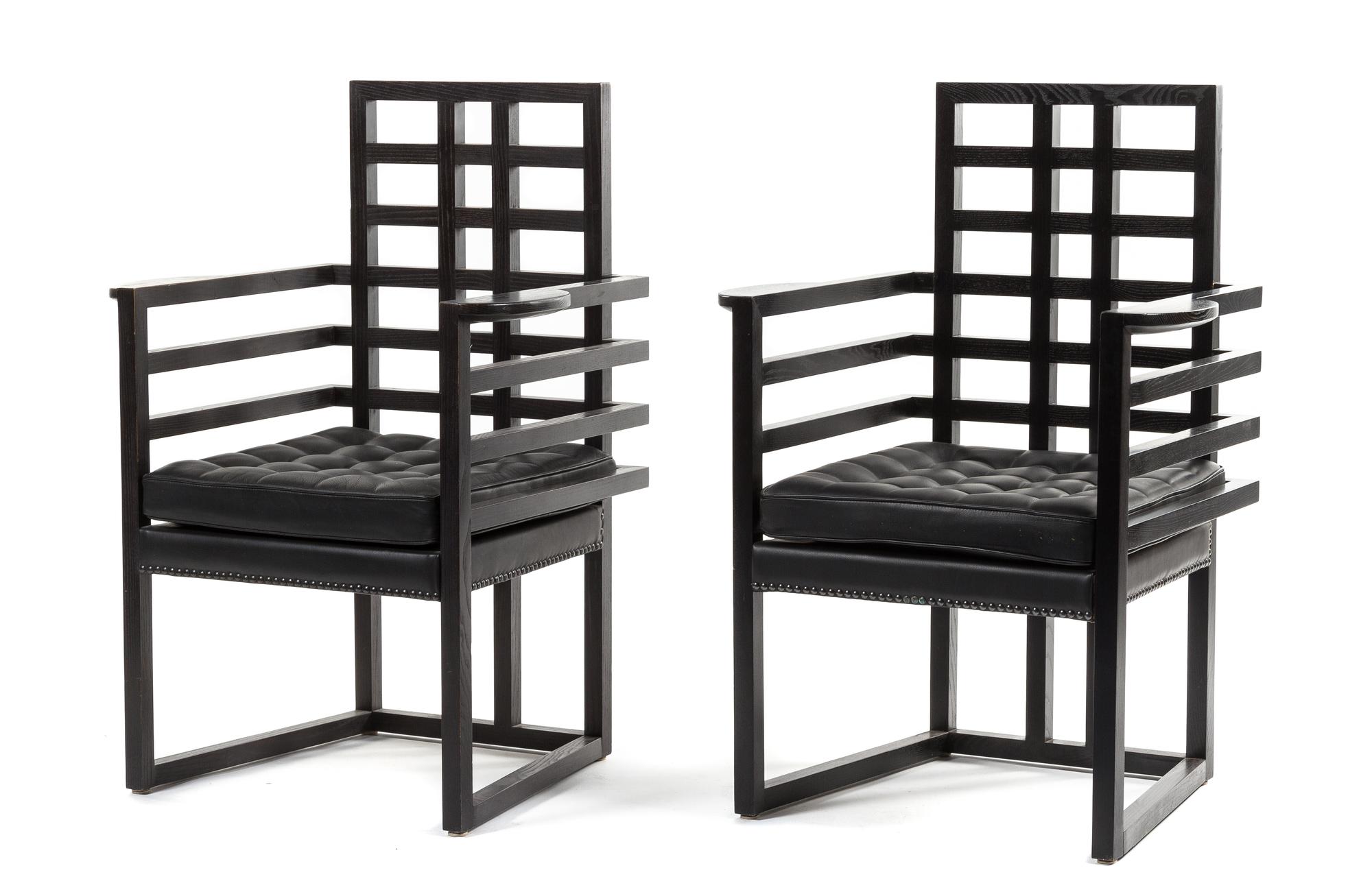 A Matched Pair of Josef Hoffmann for Wittmann Ebonized Wood Arm Chairs Height 38 x width 26 x depth 20 inches.