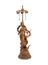 A French Cast Metal Figure after Louis Moreau, Mounted as a Lamp with a Beaded Shade
