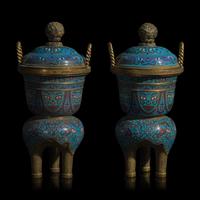 A Pair of Chinese Cloisonné Covered Tripod Vessels, 20th Century 近代 掐絲琺瑯仿古三足爐一對