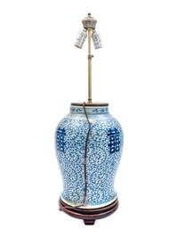 A Chinese Export Blue and White Porcelain Vase Mounted as a Lamp