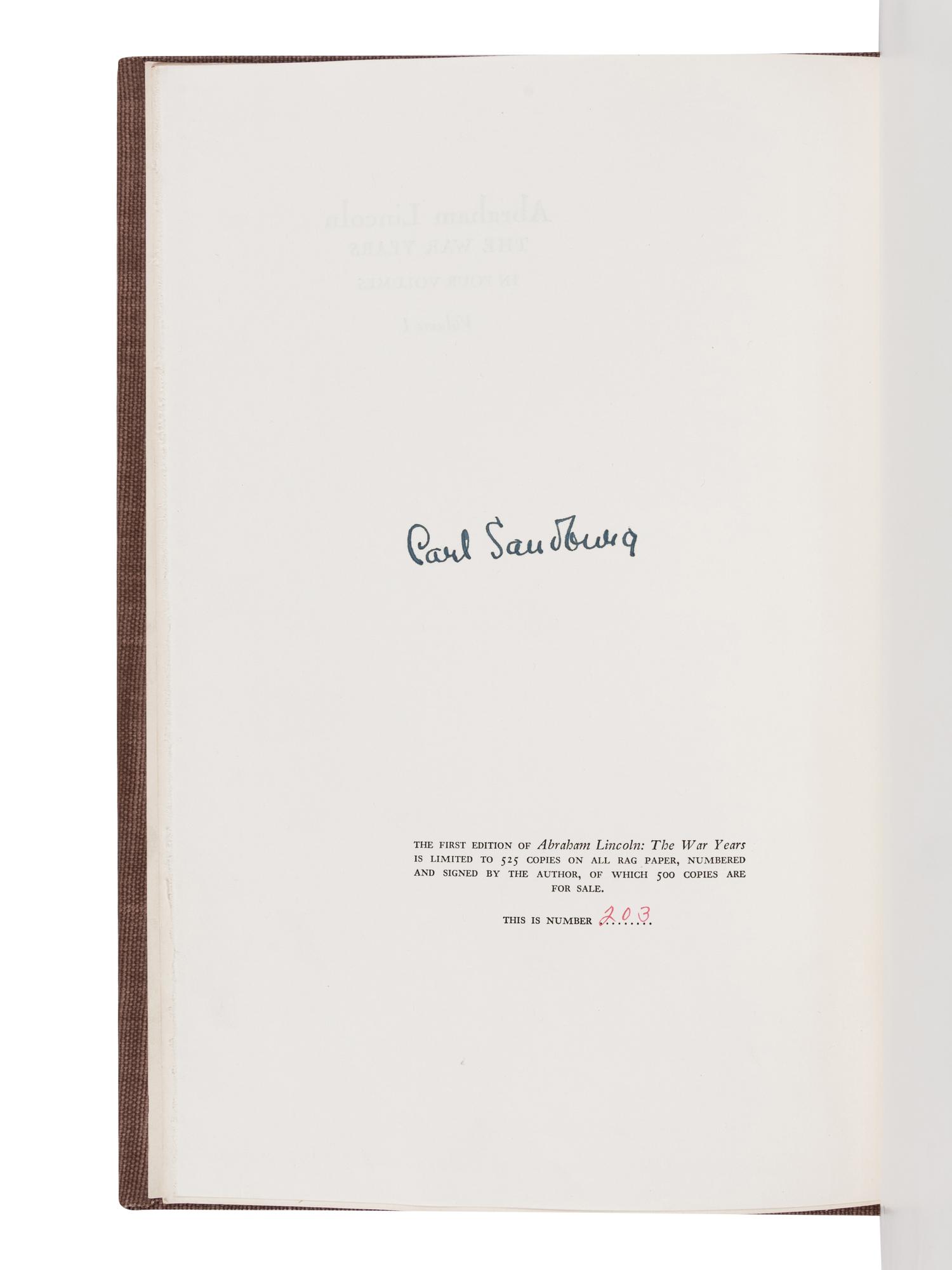 [LINCOLN] -- SANDBURG, Carl (1878-1967). Abraham Lincoln: The War Years . New York: Harcourt, Brace & Company, 1939.
