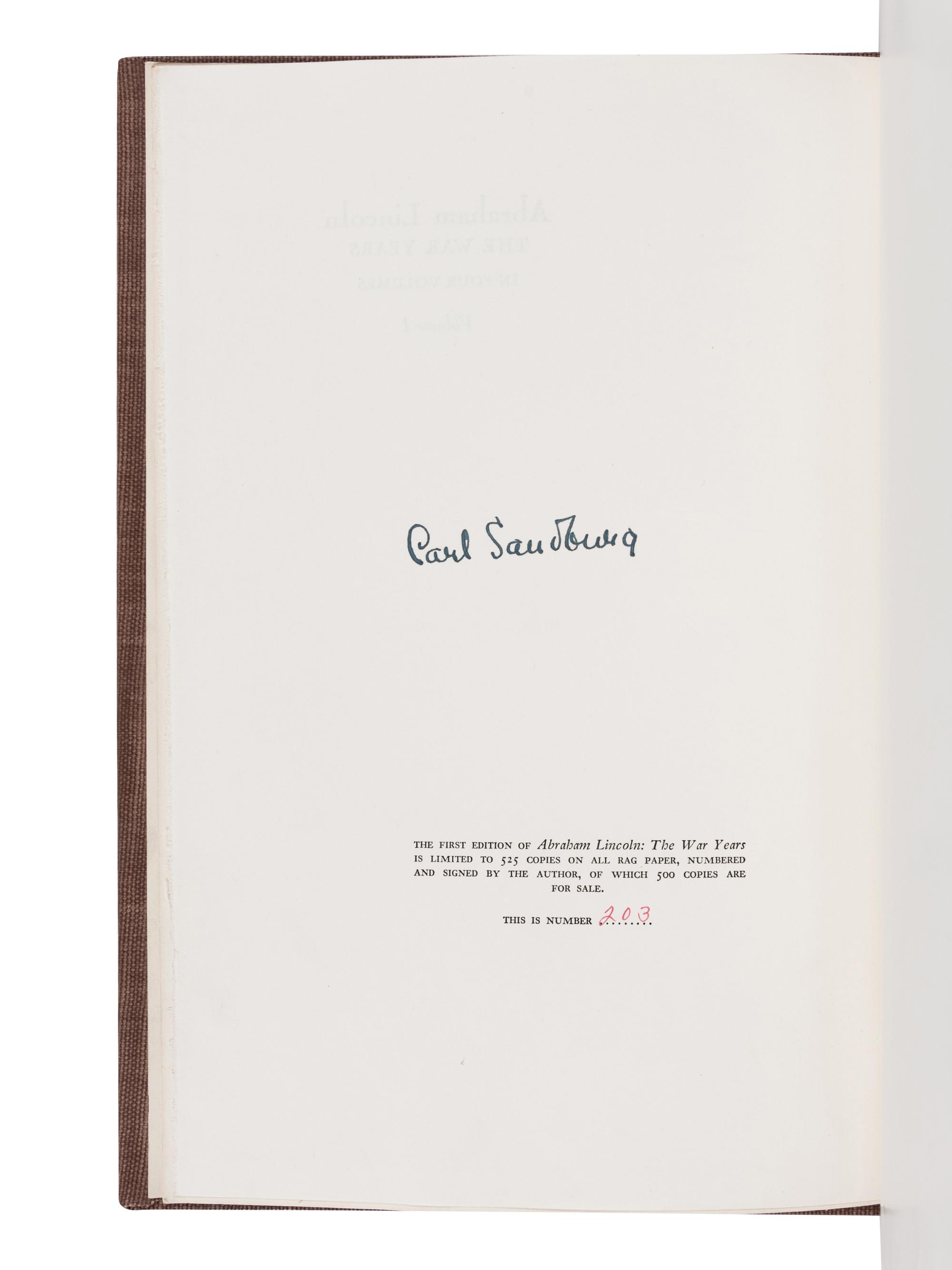 [LINCOLN] -- SANDBURG, Carl (1878-1967). Abraham Lincoln: The War Years . New York: Harcourt, Brace & Company, 1939.
