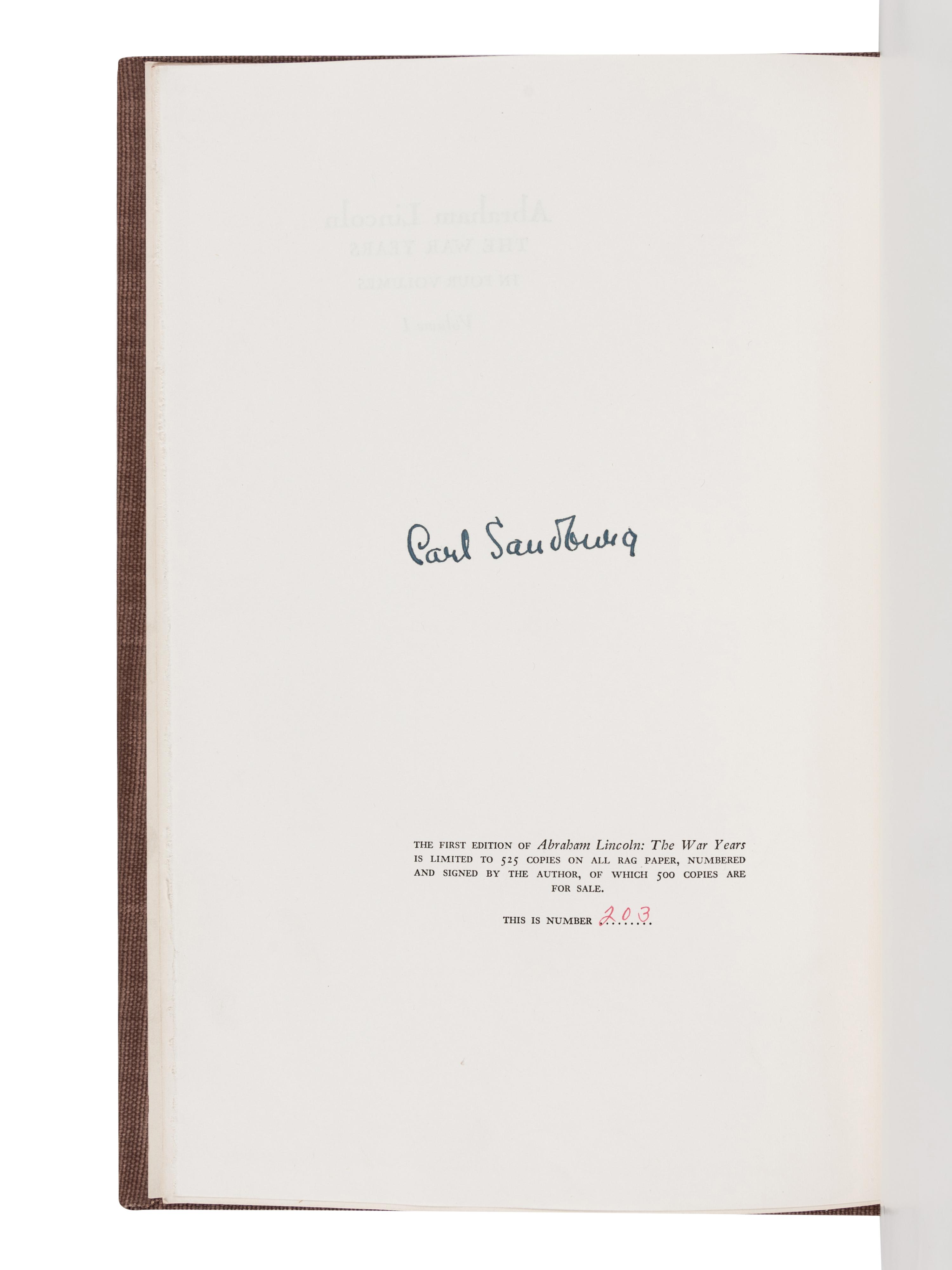 [LINCOLN] -- SANDBURG, Carl (1878-1967). Abraham Lincoln: The War Years . New York: Harcourt, Brace & Company, 1939.