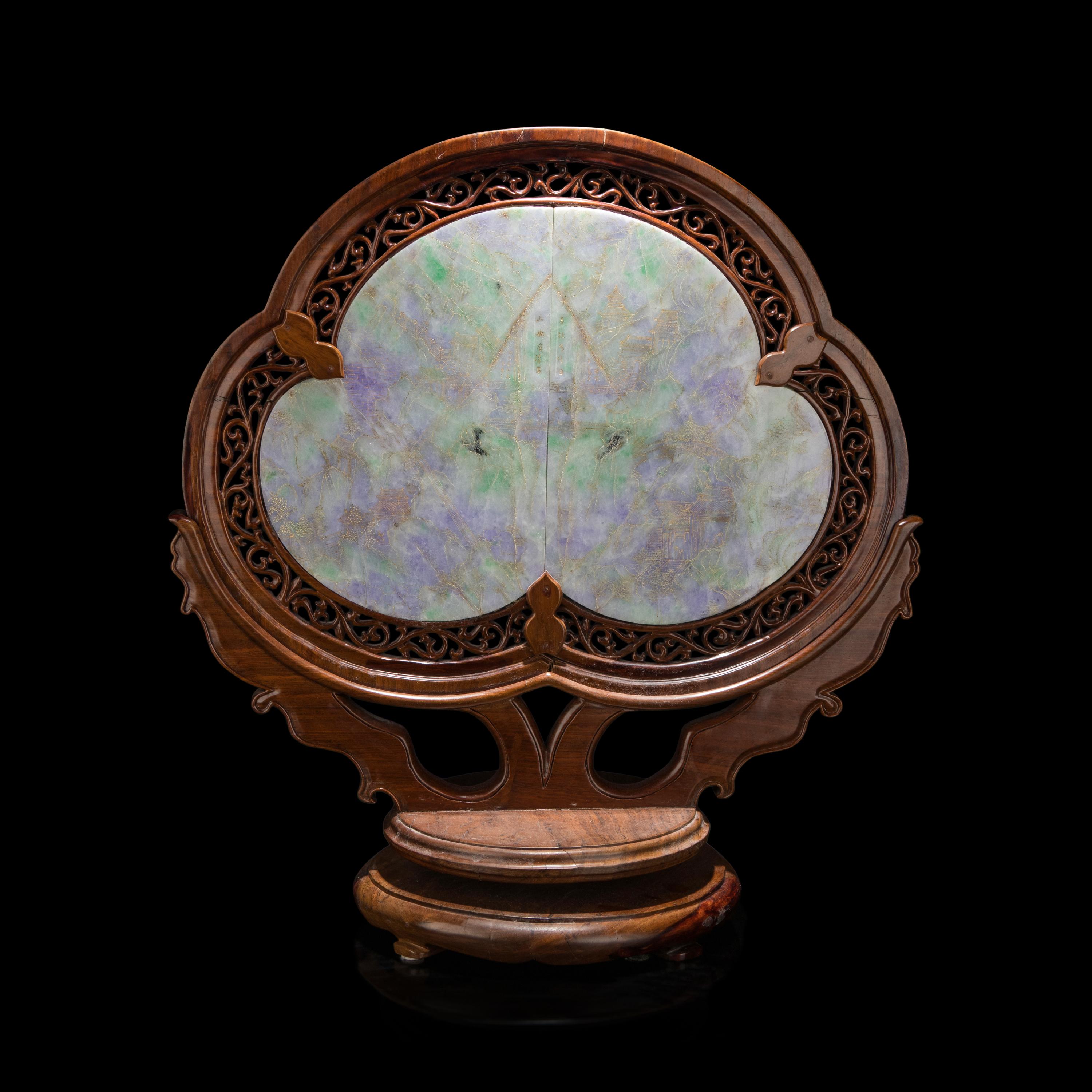 A Large Chinese Incised and Gilt Lavender and Green Jadeite Hardwood Table Screen, 20th Century 近代 翡翠春帶彩旋轉式雙面大桌屏