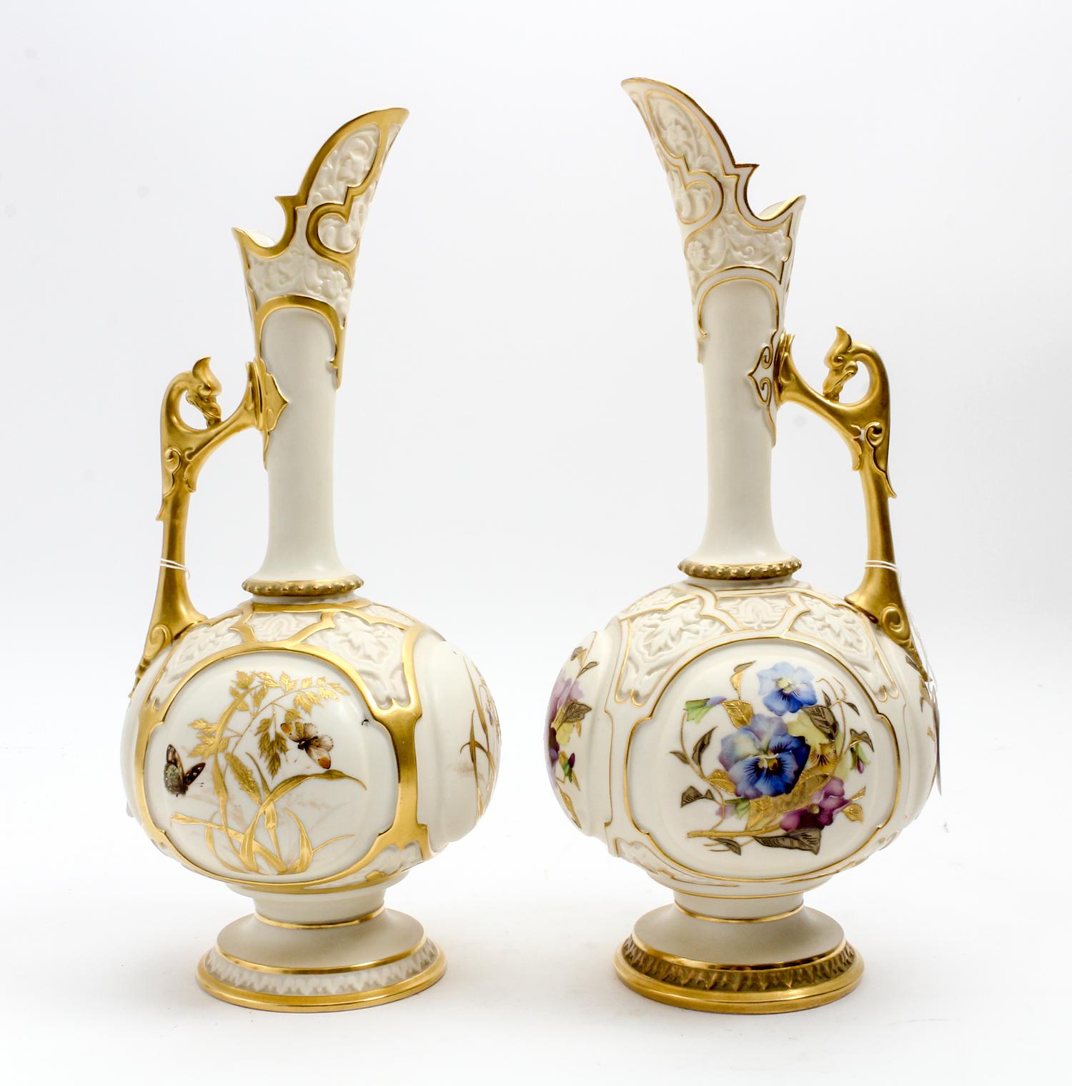 A Pair Royal Worcester Porcelain Ewers Height 14 1/2 inches. — 1886
