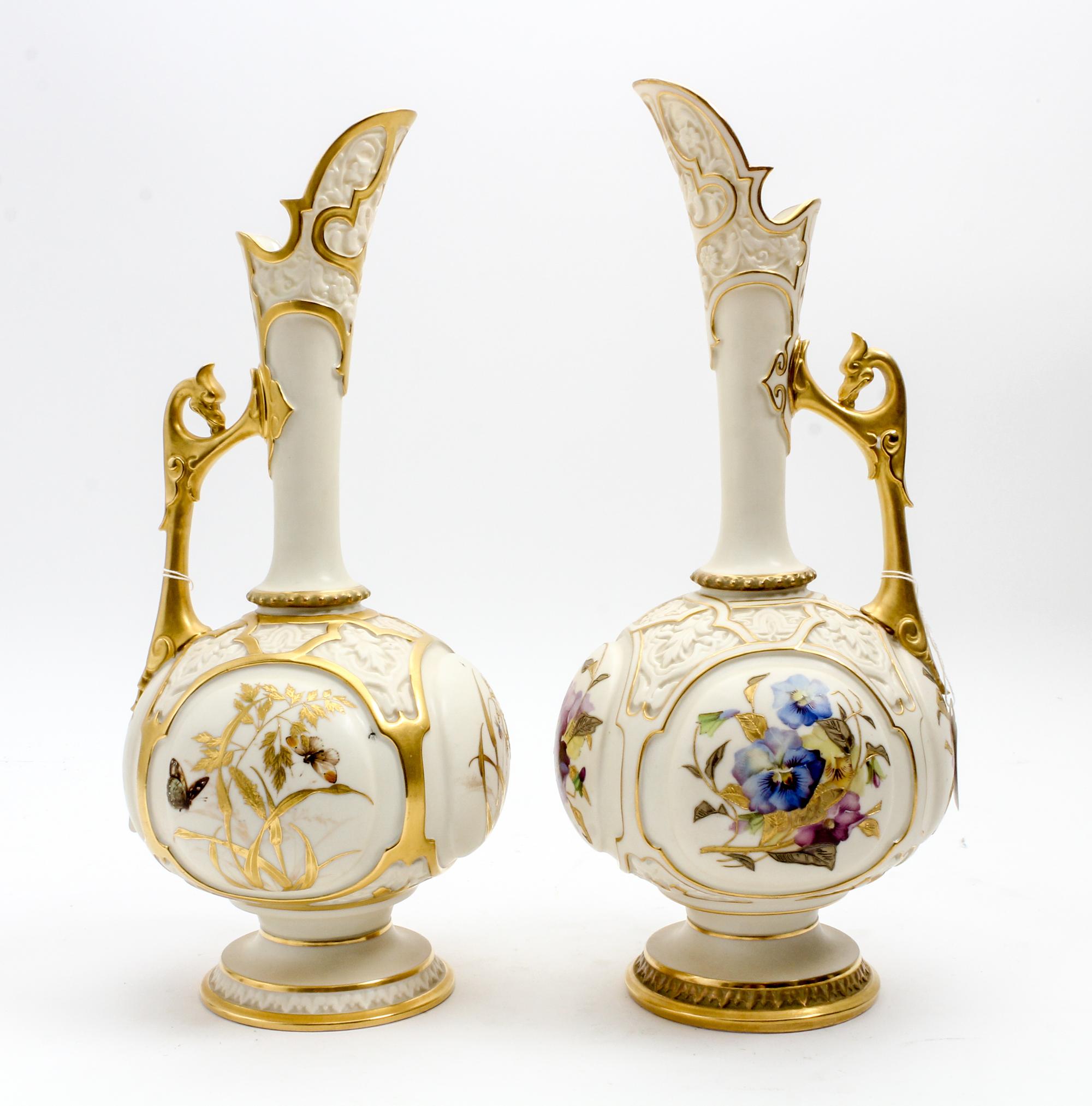 A Pair Royal Worcester Porcelain Ewers Height 14 1/2 inches. — 1886