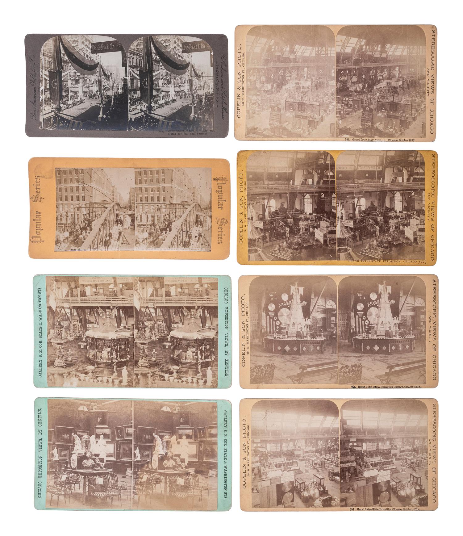 [CHICAGO]. A large group of press photographs, stereoviews, snapshots, and a bird's-eye view engraving.
