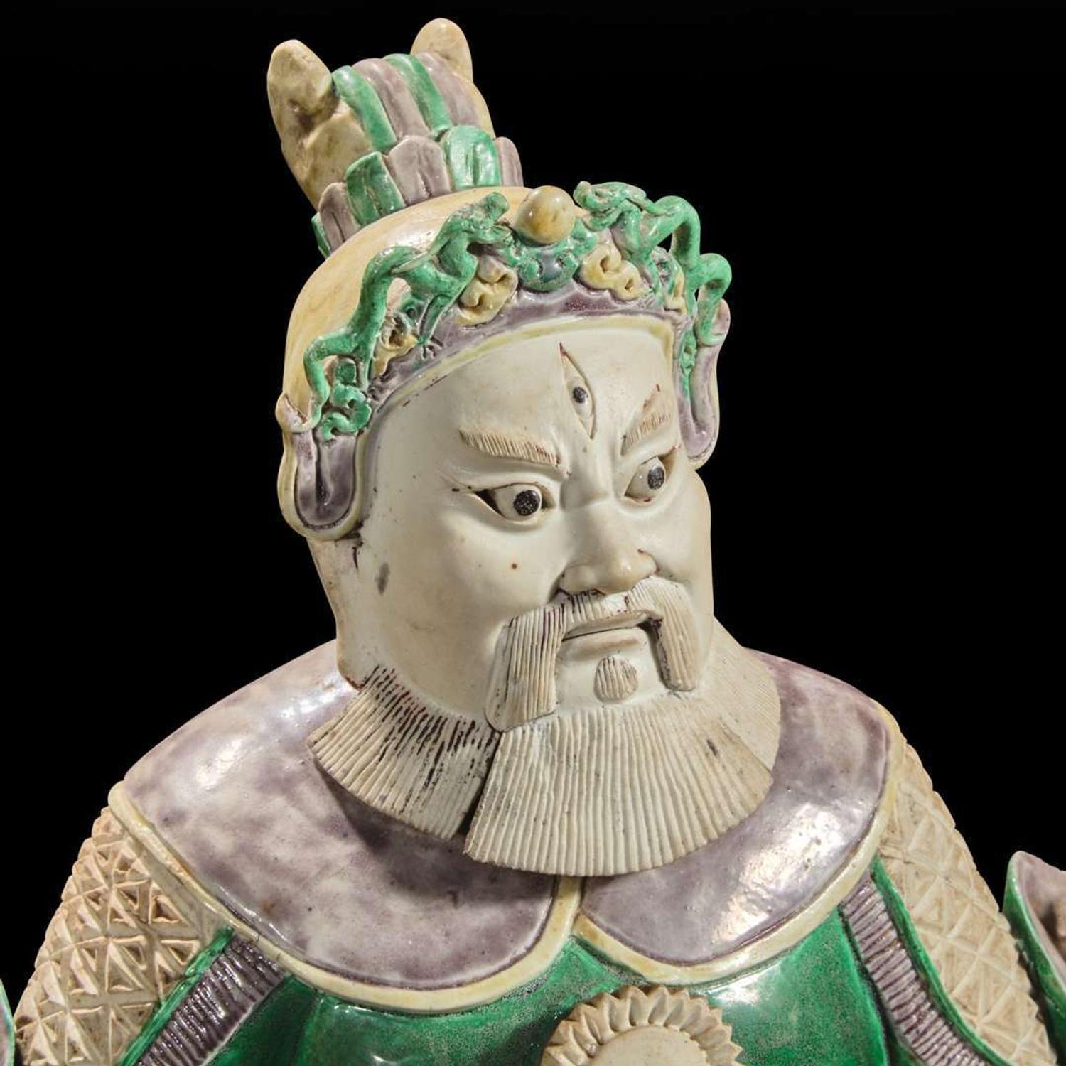 An unusual pair of large Chinese famille-verte decorated porcelain guardians 五彩门神一对 18th century ????