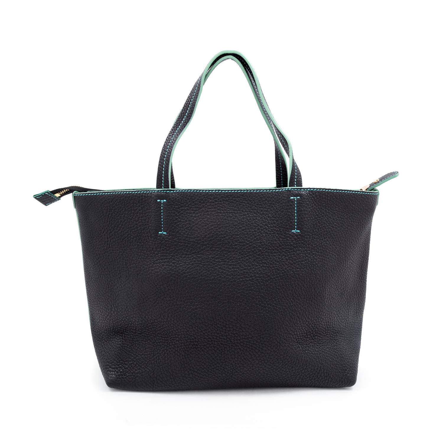 A Salvatore Ferragamo Black Pebbled Leather Bice Small Tote Bag, 8.25" H x 14" W x 4.25" D; Handle drop: 5.5".