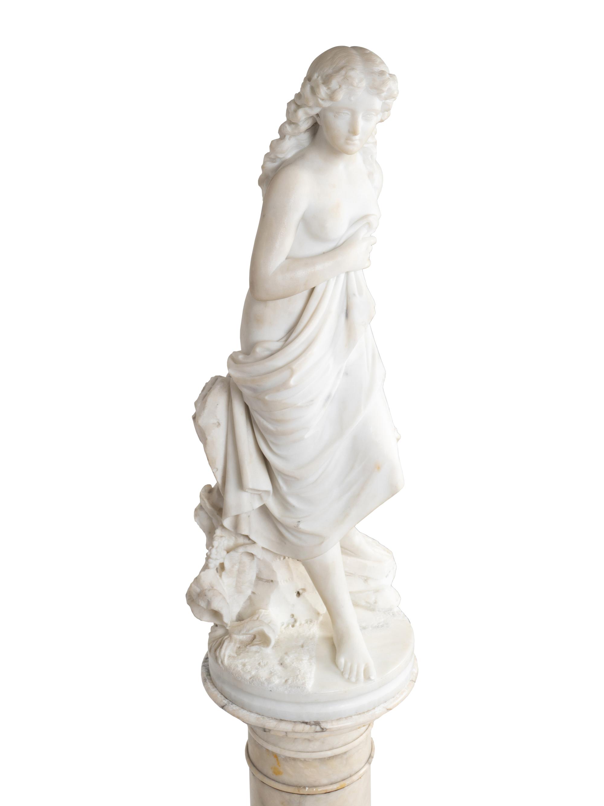 A Continental Marble Figure of a Female Bather on Pedestal — 19TH CENTURY