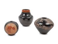 Three Santa Clara and San Ildefonso Black and Sienna Sgraffito Pottery Miniatures