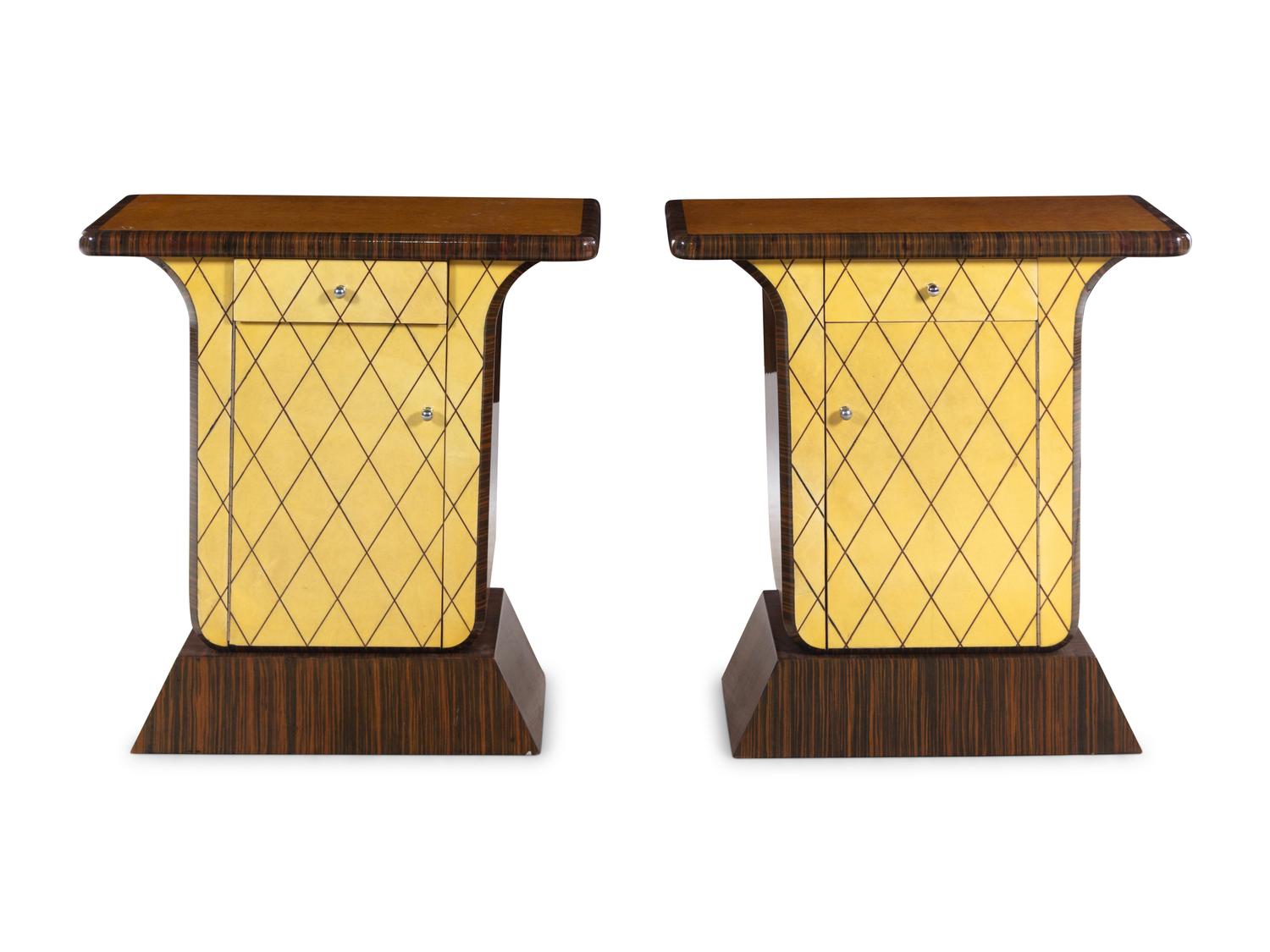 A Swedish Acrylic Inlaid Rosewood and Parchment Veneered Queen Bed with Matching Side Cabinets