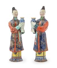 A Pair of Chinese Export Polychrome Enameled Porcelain Figures of Court Ladies Height of each 10 inches. — LATE QING DYNASTY