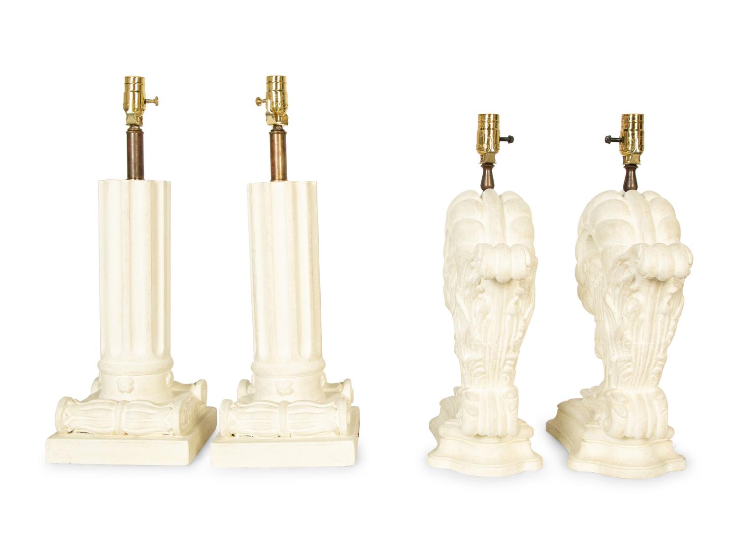 Two Pairs of White-Painted Carved Wood Lamps