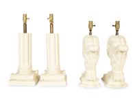 Two Pairs of White-Painted Carved Wood Lamps
