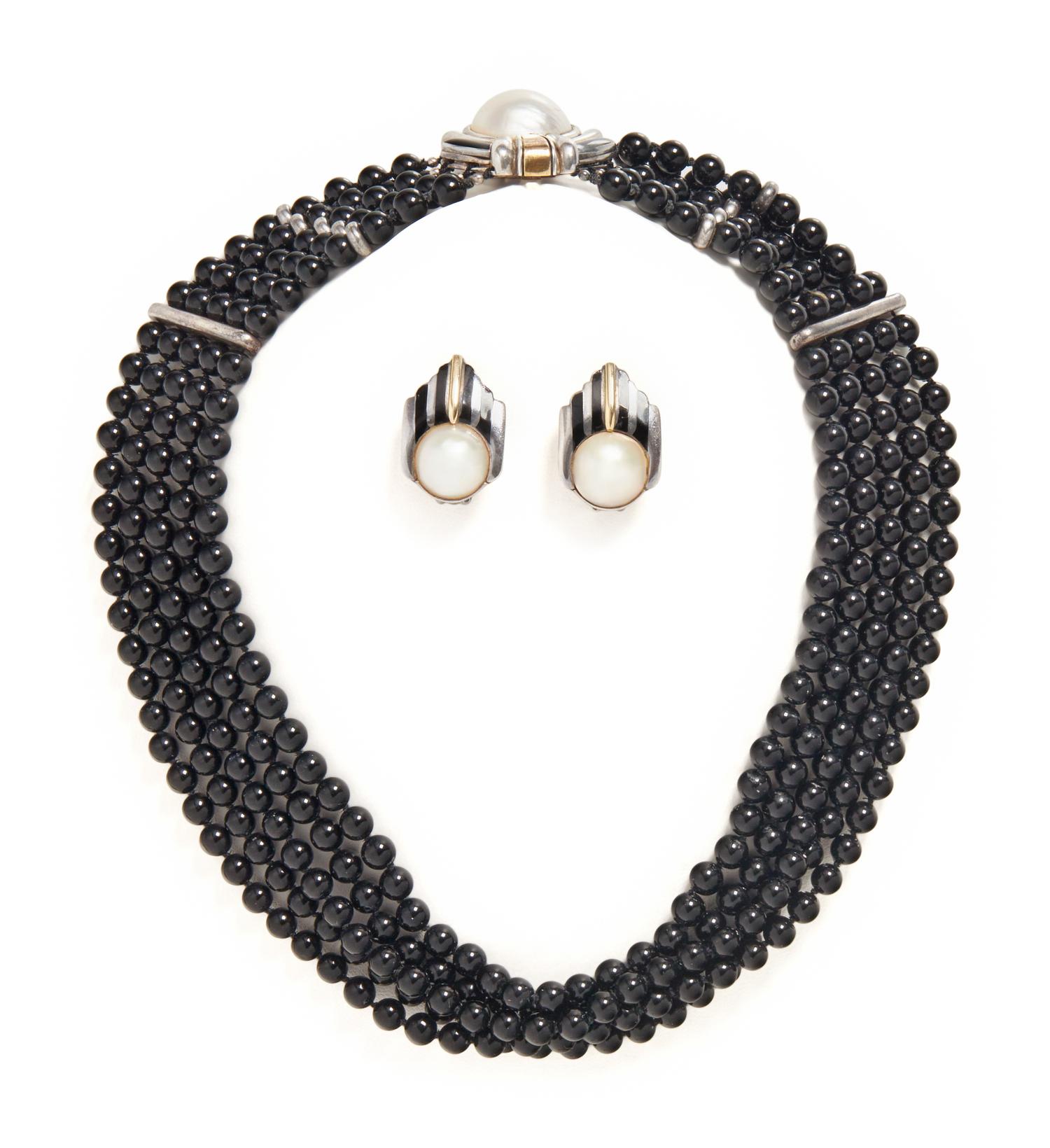 CARTIER, STERLING SILVER, YELLOW GOLD, CULTURED PEARL AND ONYX JEWELRY SUITE