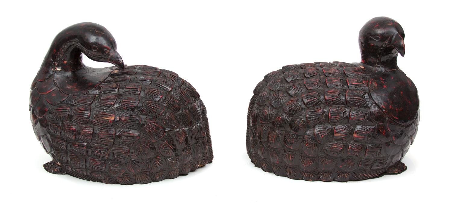 A Pair of Asian Carved and Lacquered Wood Models of Birds Height 20 x length 20 inches. — LATE 19TH/EARLY 20TH CENTURY