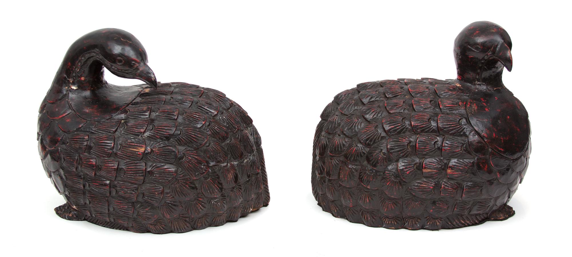 A Pair of Asian Carved and Lacquered Wood Models of Birds Height 20 x length 20 inches. — LATE 19TH/EARLY 20TH CENTURY