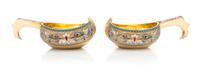 A Pair of Russian Silver-Gilt and Enameled Kovshi, Mark of Nikolay Strulev, Moscow, 20th Century, each of typical form, the body and ha