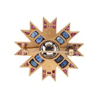 CULTURED PEARL, SAPPHIRE, AND RUBY BROOCH