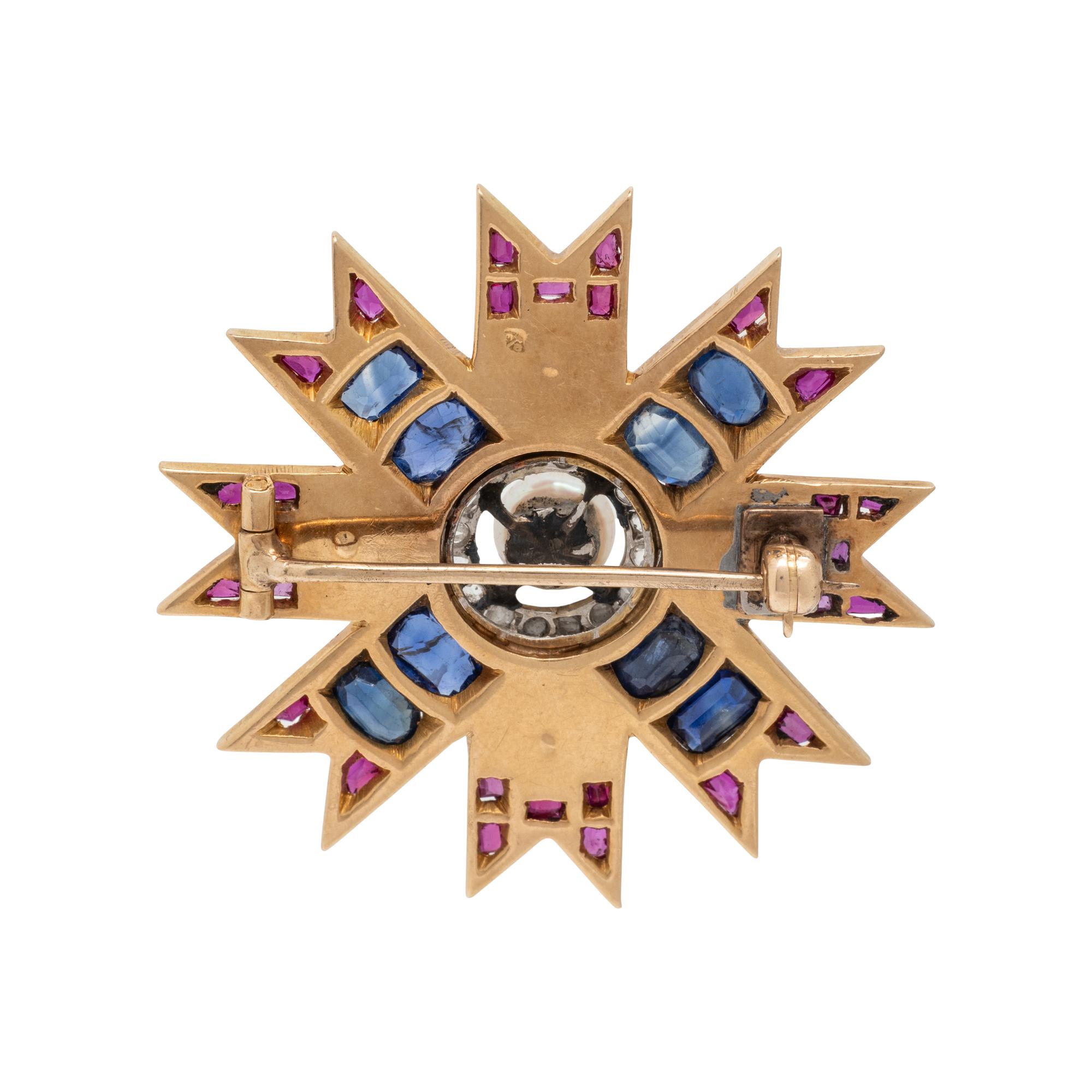CULTURED PEARL, SAPPHIRE, AND RUBY BROOCH