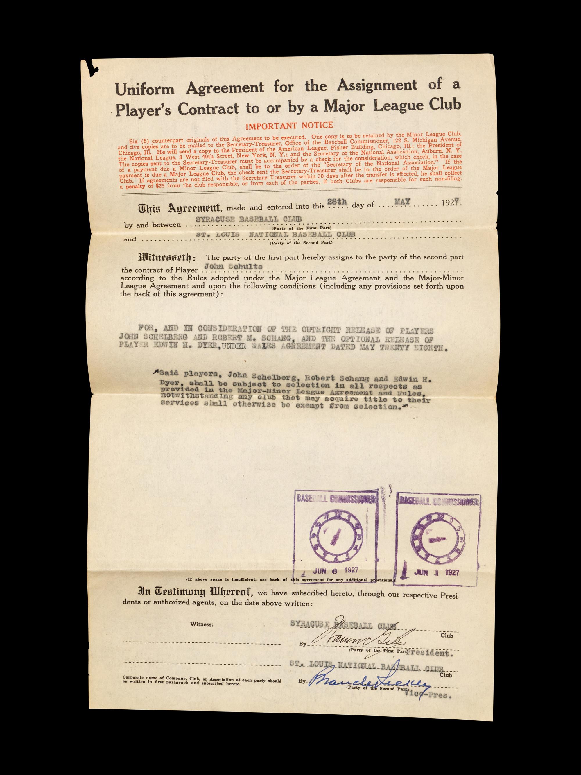 A Group of 15 1920s-30s St. Louis Cardinals Contract Agreements All Signed by Branch Rickey