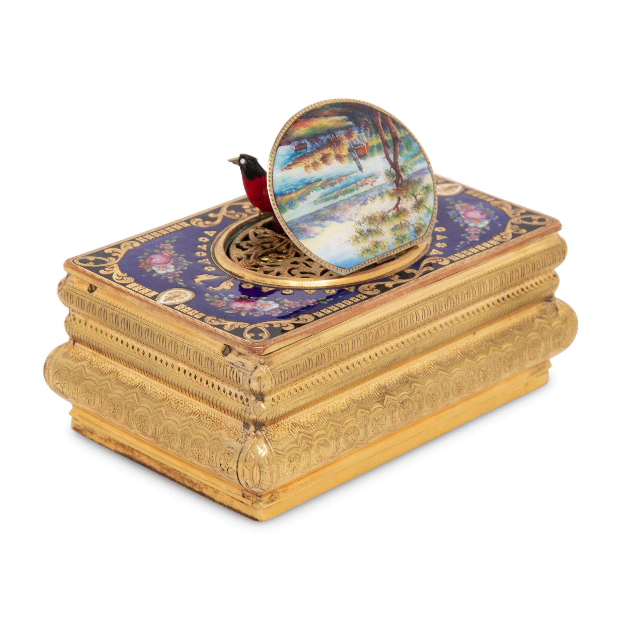 A German Gilt-Metal and Enamel Singing Bird Automaton Box