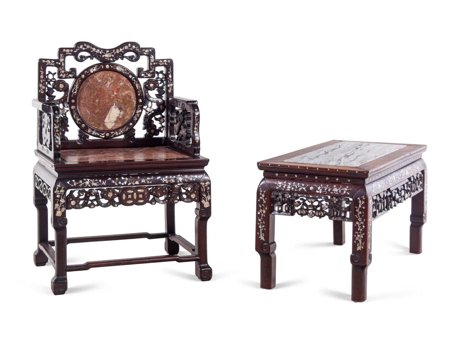 A Set of Marble Inset Mother-of-Pearl Inlaid Hardwood Armchair and Side Table