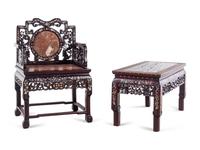 A Set of Marble Inset Mother-of-Pearl Inlaid Hardwood Armchair and Side Table