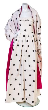 An Oscar de la Renta Black and White Silk Polka Dot Evening Gown, Dress size 12; Wrap 124" x 39".