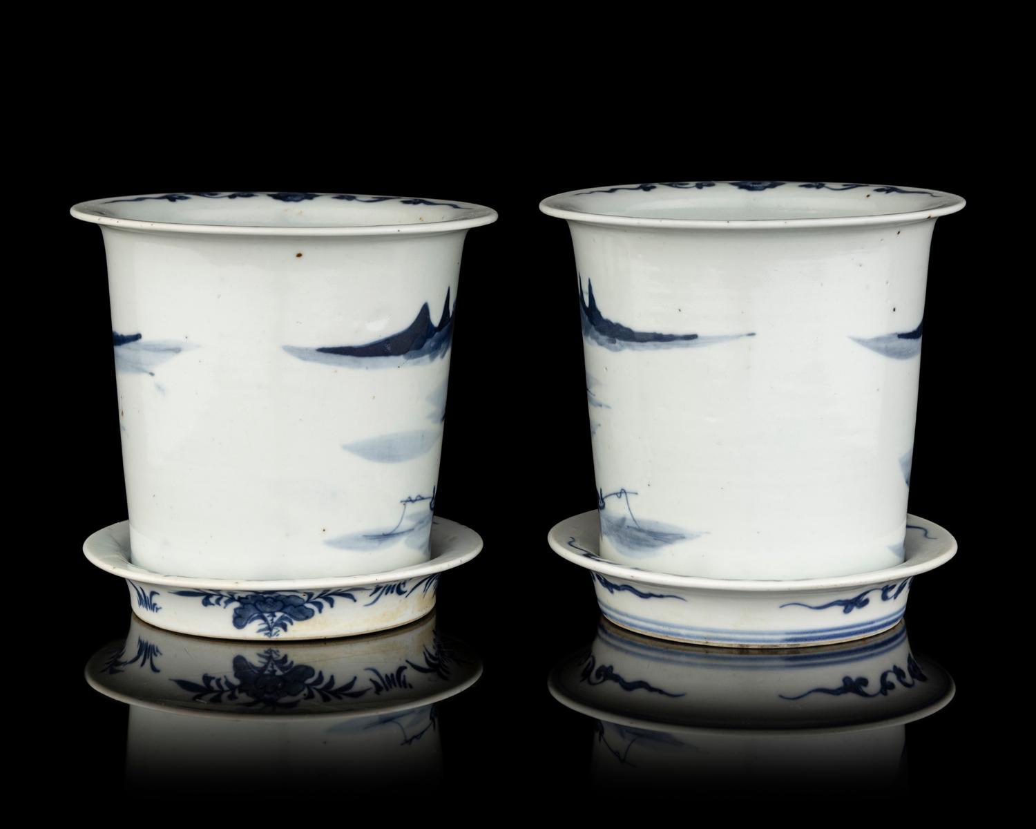 A Pair of Chinese Export Blue and White Porcelain Cache Pots and Undertrays