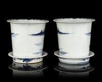 A Pair of Chinese Export Blue and White Porcelain Cache Pots and Undertrays