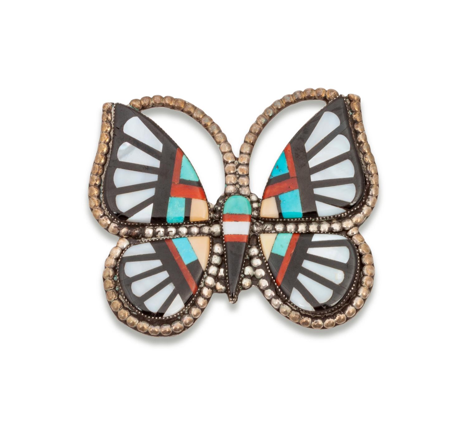 Zuni Silver and Mosaic Inlay Butterfly Brooch / Pendant