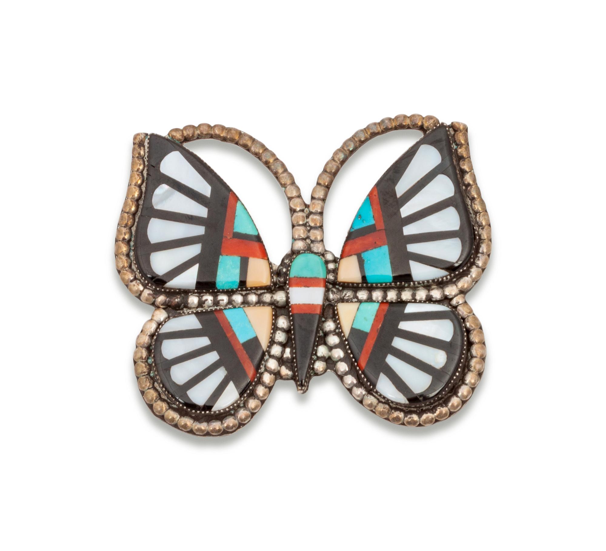 Zuni Silver and Mosaic Inlay Butterfly Brooch / Pendant