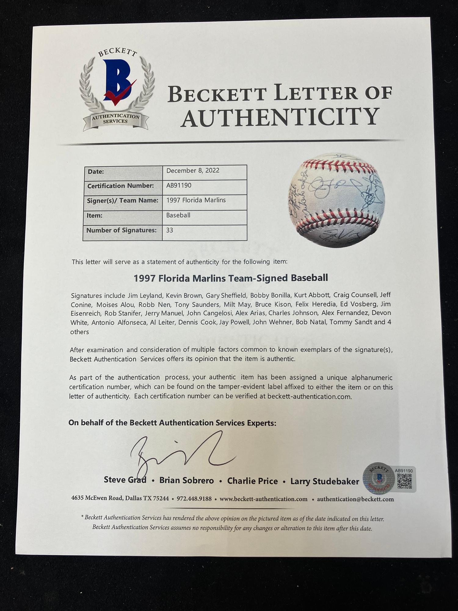 A 1997 Florida Marlins World Series Champions Team Signed Autograph Baseball - 33 Signatures (Beckett Authentication Services Letter)