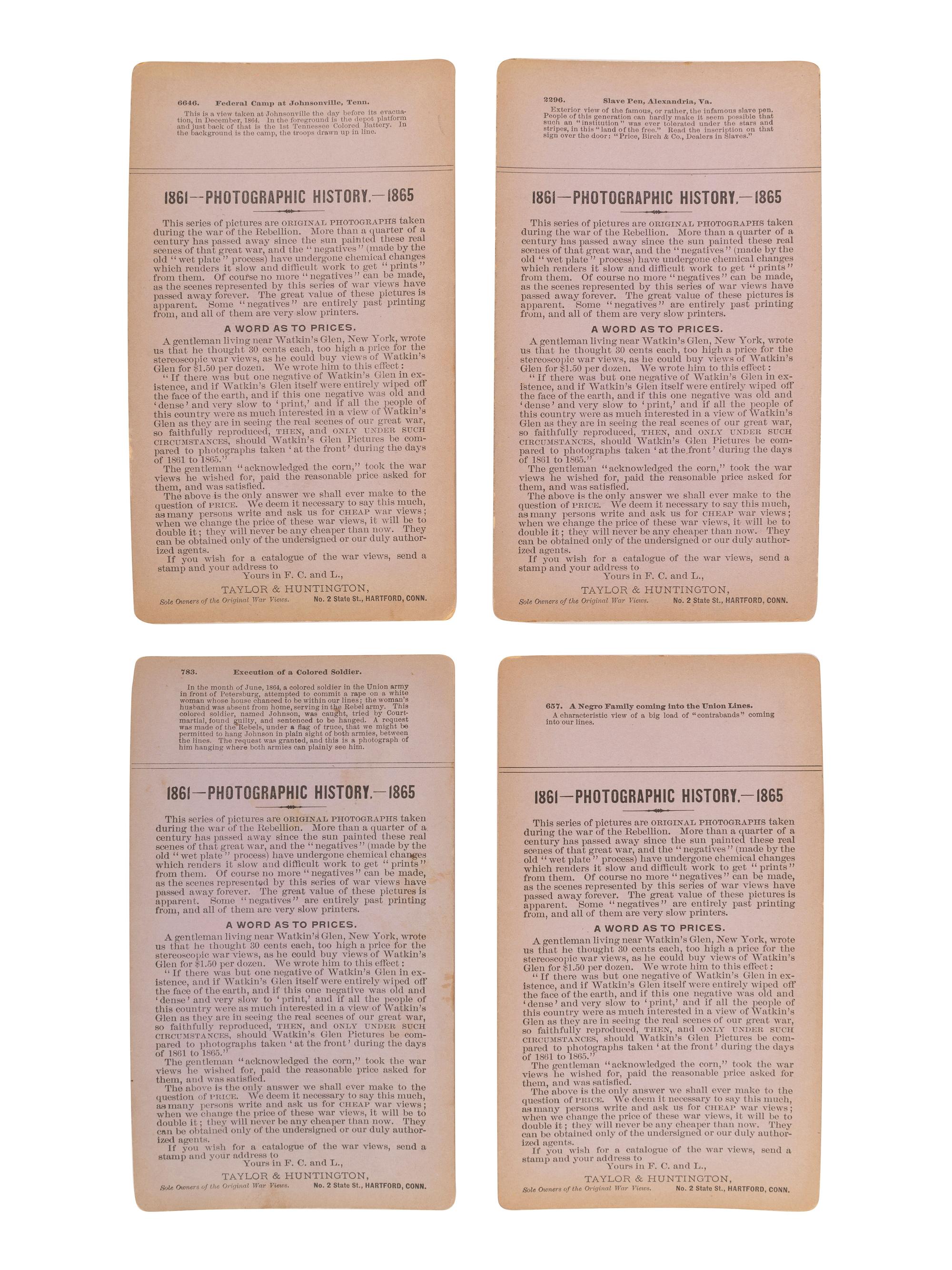 [CIVIL WAR]. A group of 6 stereoviews featuring African American subjects, incl. "contrabands" and soldiers. Hartford, CT: Taylor & Huntington, ca 1890s.