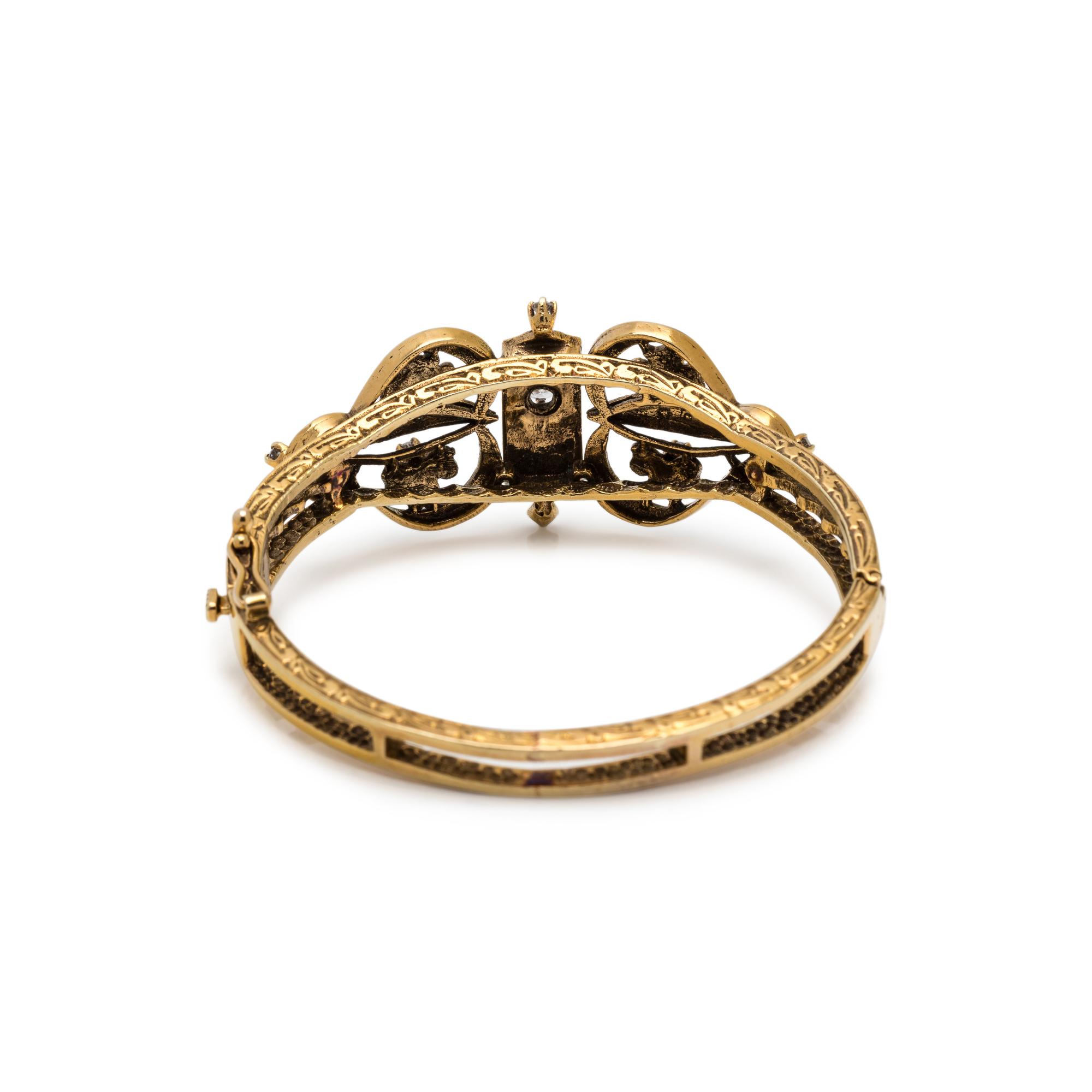YELLOW GOLD, DIAMOND, SEED PEARL AND ENAMEL BANGLE BRACELET