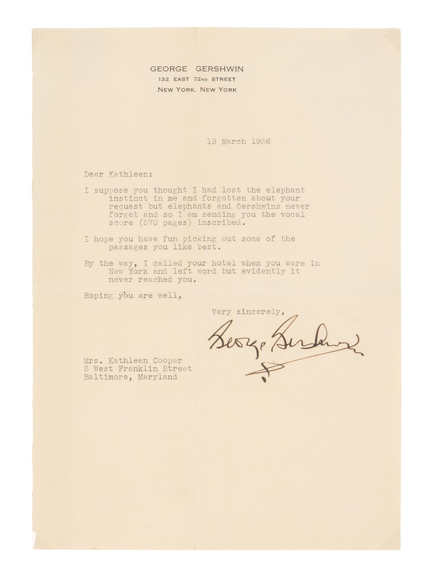 GERSHWIN, George (1898-1937). Typed letter signed ("George Gershwin"), to Kathleen Cooper, New York, New York, 19 March 1936.