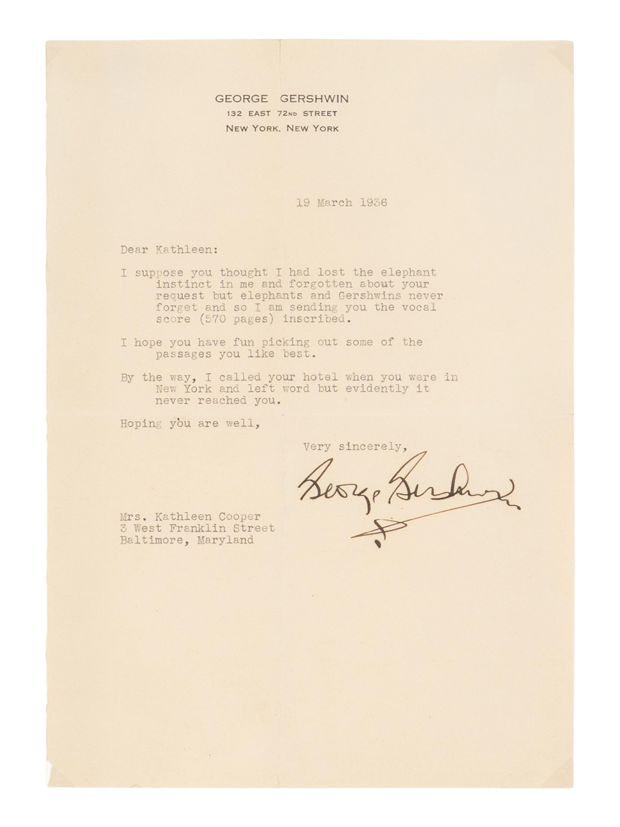 GERSHWIN, George (1898-1937). Typed letter signed ("George Gershwin"), to Kathleen Cooper, New York, New York, 19 March 1936.
