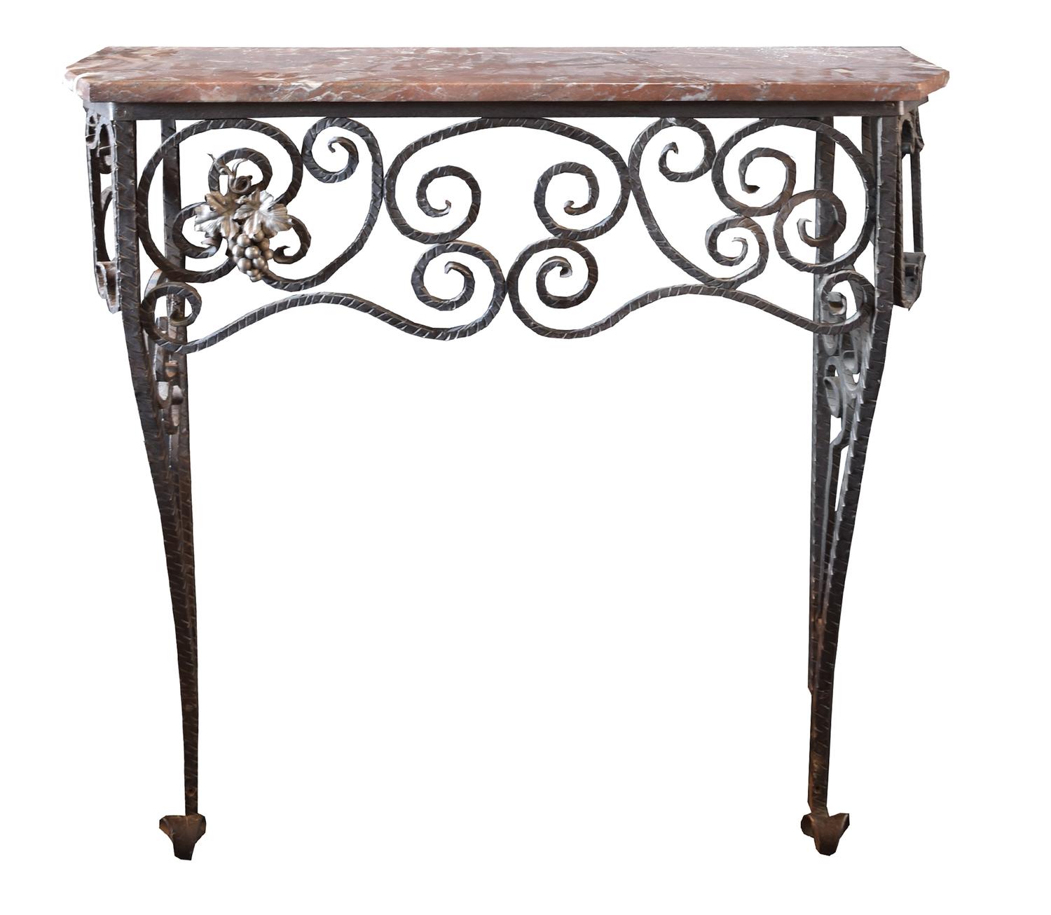 A Fer Forge Console Table with Marble Top 37.5" W x 12.5" D x 40.5" H — France, Early 20th Century