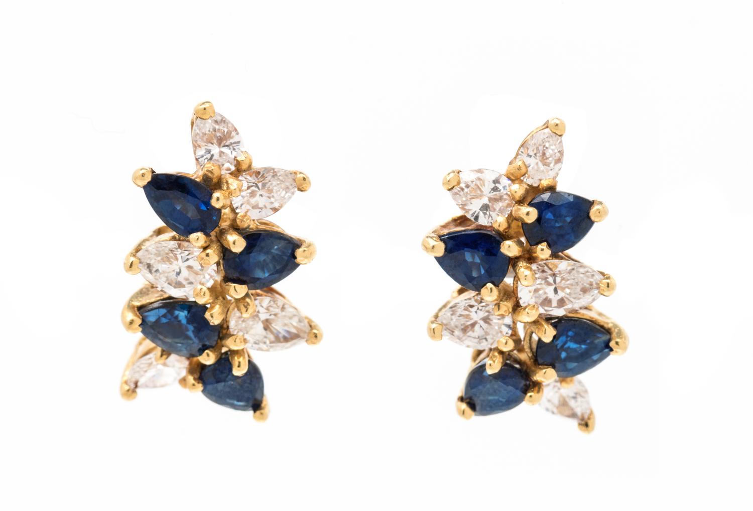 A Pair of Yellow Gold, Diamond, and Sapphire Earrings,