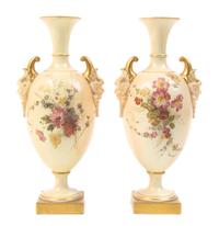 A Pair of Royal Worcester Porcelain Urns, Height 10 1/4 inches.