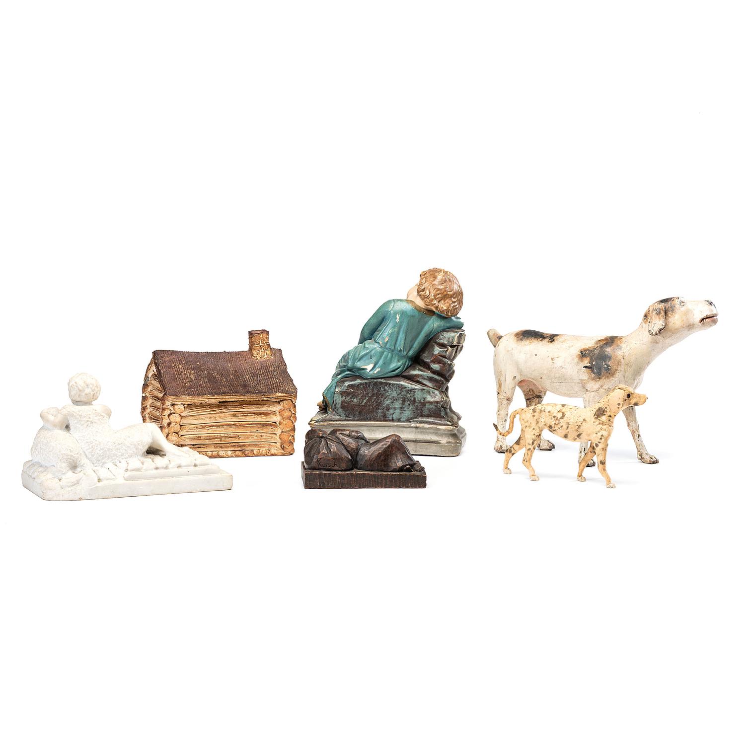 A Plaster Child's Log Cabin, Toy Dogs and Sculpture of Children