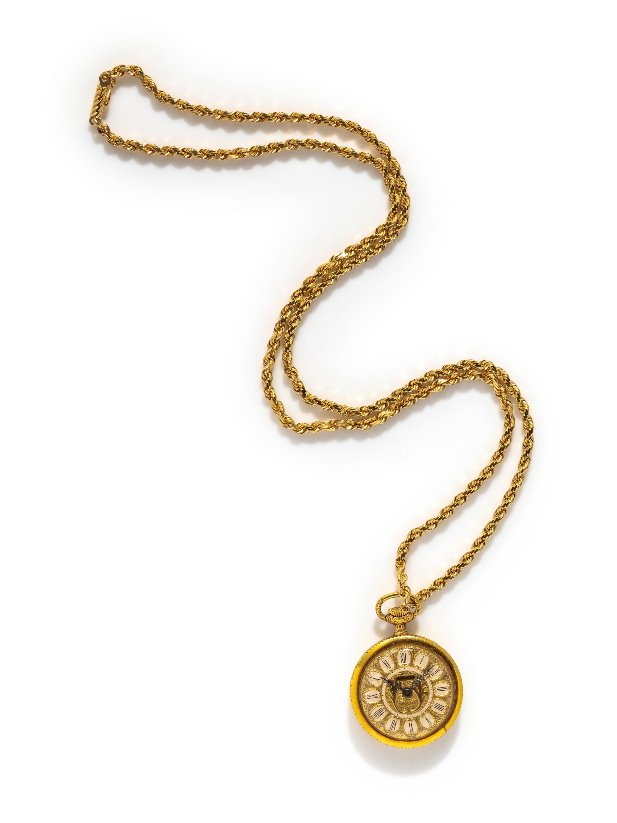 SOVEREIGN, OPEN FACE POCKET WATCH ON YELLOW GOLD CHAIN