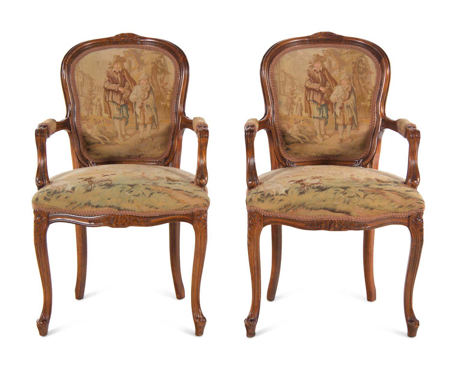 A Pair of Louis XV Style Tapestry Upholstered Fauteuils